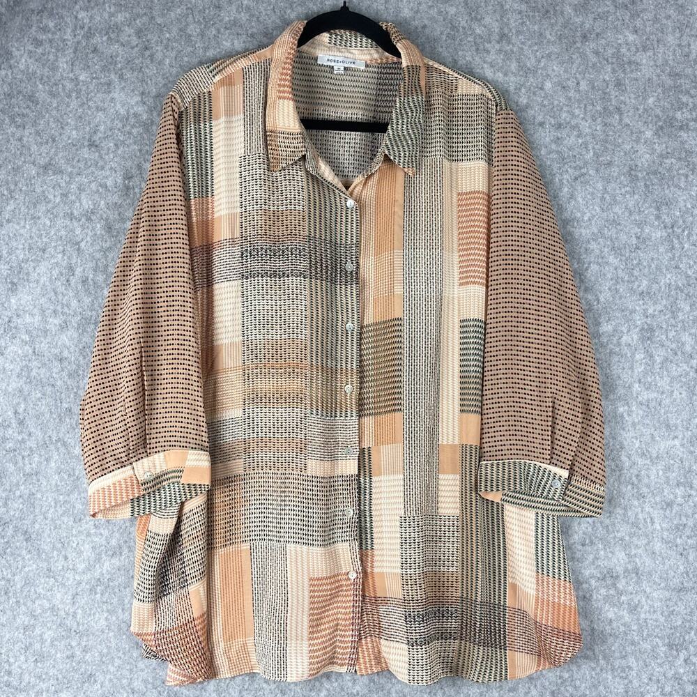 Rose Olive Tunic Top Woman 3X Button Up Geometric‎ 3/4 Sleeve Lightweight